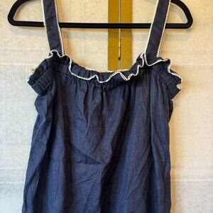 Boden Navy Blue Linen Sleeveless Ruffle Strap Top | Size US 12